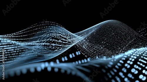 Abstract representation of data waves with binary numbers on a dark background.