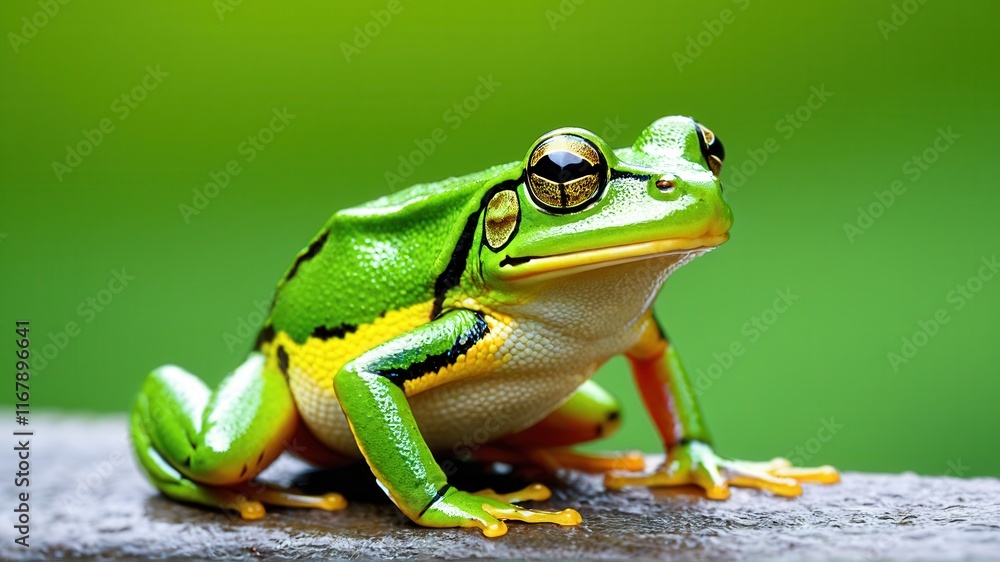 Fototapeta premium Vibrant green tree frog perched on branch with striking golden eyes against blurred green background
