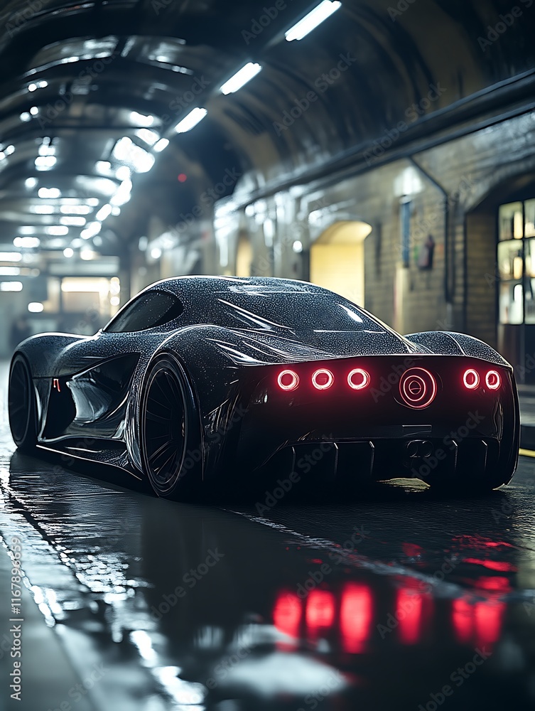 Obraz premium Sleek black sports car in a dark tunnel.