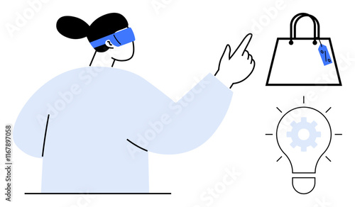 Person with VR headset interacting with virtual shopping bag and lightbulb representing innovation. Ideal for e-commerce, technology, virtual reality, innovation, future shopping, digital
