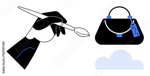 Hand holding a paintbrush painting a black handbag with blue accents and a price tag, floating above a light blue cloud. Ideal for creativity, fashion, innovation, design, inspiration, branding