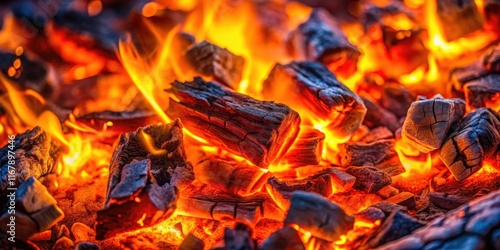 Close-up of glowing embers and burning coals in a bonfire, embers, burning, coals, bonfire, fire, heat, warmth, hot, flame, smoldering