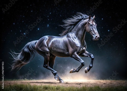 A black Hanoverian horse's night run, captured in motion blur; a dark equestrian portrait. photo