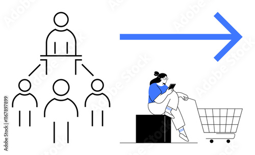 Hierarchical sketch shows team structure with one leader atop. Young woman with a shopping cart uses a digital device. Ideal for business hierarchy, teamwork, leadership, digital commerce, online