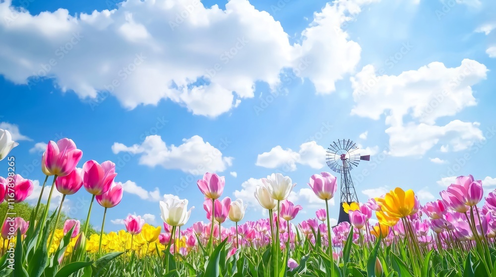 Dutch Charm: Windmill Amidst Vibrant Tulip Field in Spring Splendor Dutch Charm: Windmill Amidst Vibrant Tulip Field in Spring Splendor
