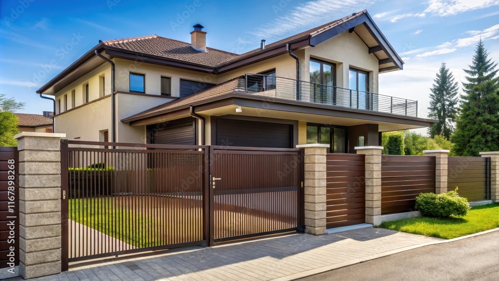 Private two-story house hidden behind fence with automatic sliding brown gates, home, residence, property Private two-story house hidden behind fence with automatic sliding brown gates, home, residence, property