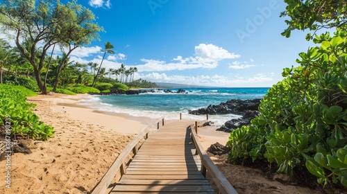 Wallpaper Mural Serene Wooden Boardwalk Path to Tranquil Beach with Gentle Waves - Ultra-Detailed Photo of Scenic Seaside Escape Torontodigital.ca