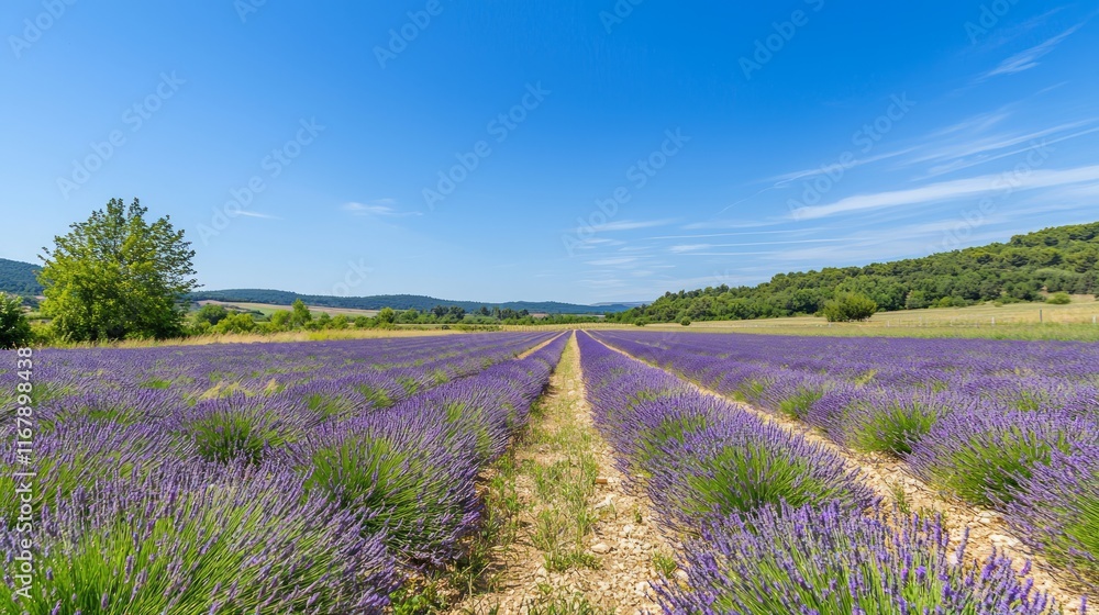 Blissful Blooms: Serene Lavender Field Landscape with Endless Rows of Vibrant Purple Blossoms Under Clear Skies Blissful Blooms: Serene Lavender Field Landscape with Endless Rows of Vibrant Purple Blossoms Under Clear Skies
