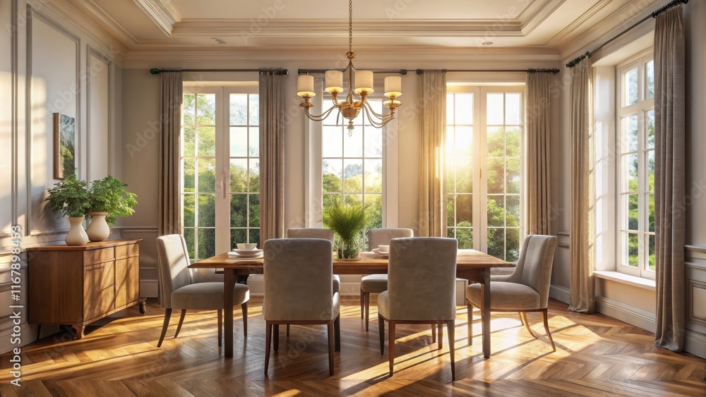 Fototapeta premium Elegant dining room interior featuring sunlit window perfect for luxurious home decor and interior design projects