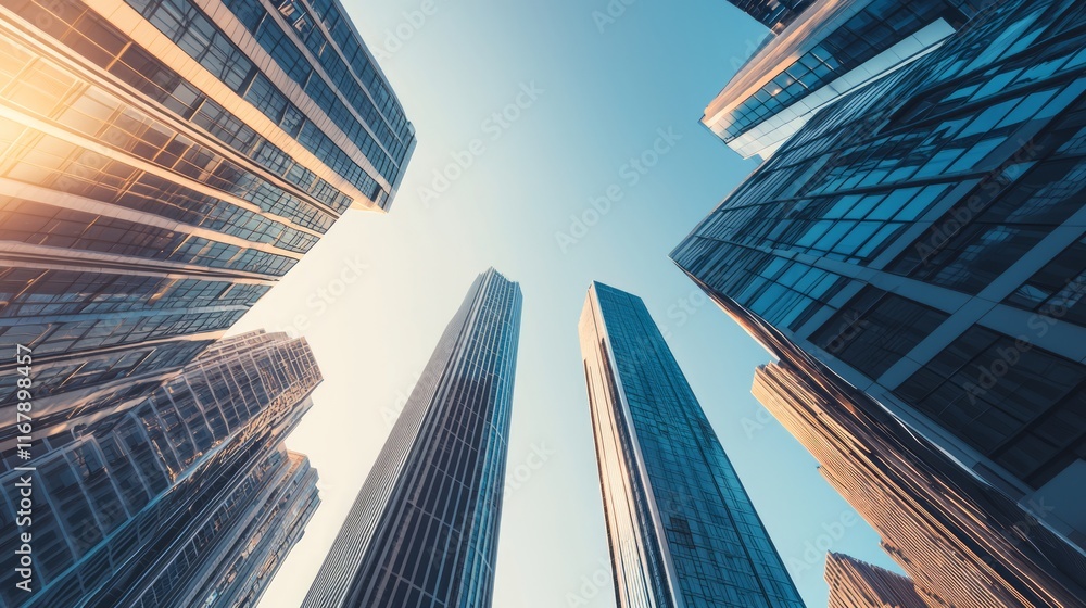 Naklejka premium Futuristic Cityscape: Dynamic Urban Skyline with Modern Skyscrapers and Architectural Wonders