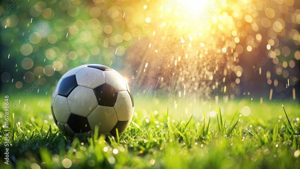 Fototapeta premium Wet soccer ball on lush green grass with sunlight and water droplets, soccer, ball, wet, grass, lush, green, sunlight