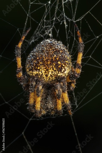 Close-up of a spider with dew on its web, showing intricate textures on a dark background. photo