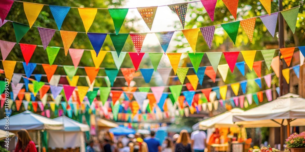 Fototapeta premium Vibrant outdoor market scene with colorful bunting , market, outdoor, bunting, colorful, vibrant, festival, celebration