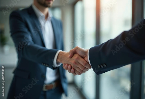 photo of two business man hand shaking office background realistic image