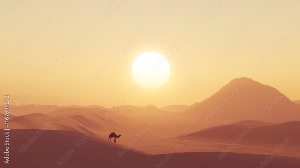Fototapeta premium Twilight Tranquility: Majestic Sand Dunes with Camel Silhouette in Desert Sunset