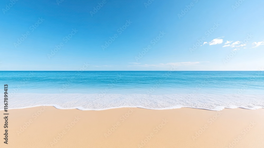 Serene beach view with clear blue sky and gentle waves. Serene beach view with clear blue sky and gentle waves.