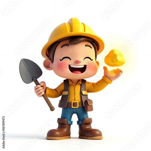 Joyful Miner Kid 3D Render: Gold Discovery!