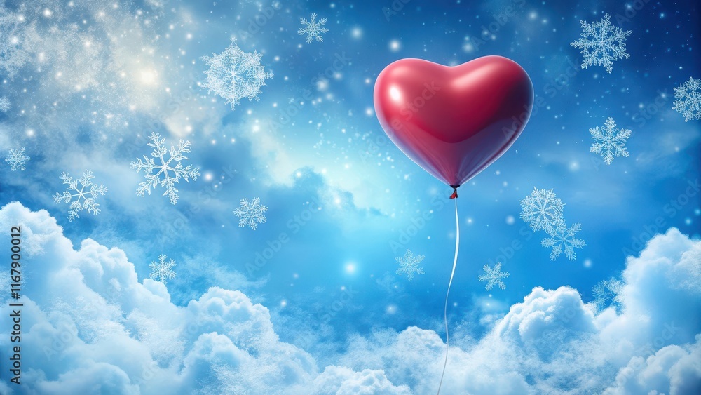 A heart-shaped balloon falls gently from the sky onto a transparent blue background, surrounded by swirling clouds and delicate snowflakes , heart, valentine A heart-shaped balloon falls gently from the sky onto a transparent blue background, surrounded by swirling clouds and delicate snowflakes , heart, valentine