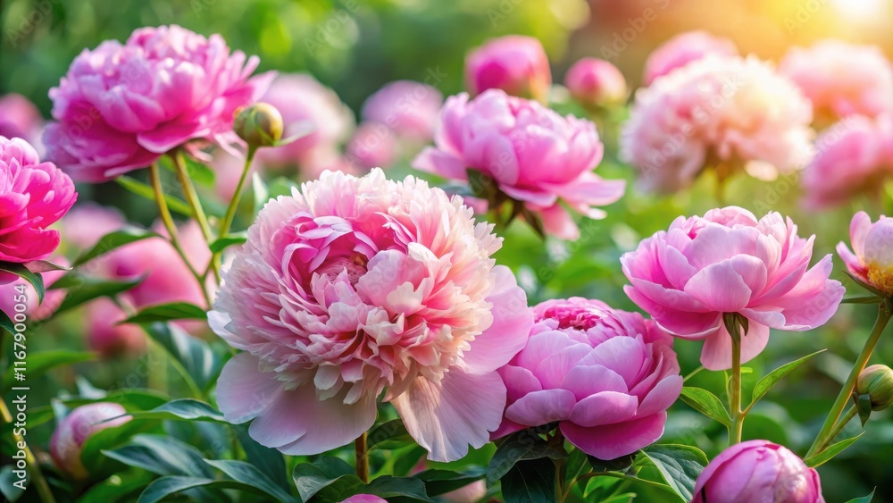 Fototapeta premium Soft pink peonies blooming in a lush garden, colorful blooms