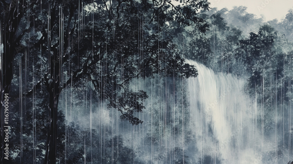 dramatic rainforest scene with torrential rain and waterfall dramatic rainforest scene with torrential rain and waterfall