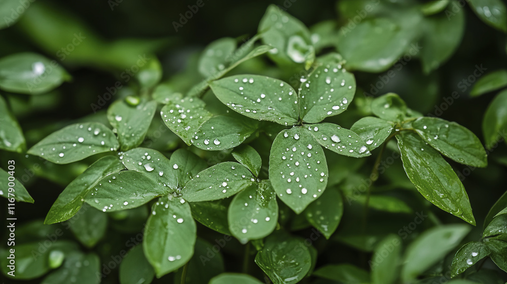 Lush green leaves adorned with raindrops create serene atmosphere Lush green leaves adorned with raindrops create serene atmosphere