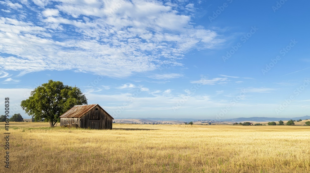 Golden Harvest: Tranquil Rustic Farm Scene with Tractor in Wheat Field under Wide Blue Sky Golden Harvest: Tranquil Rustic Farm Scene with Tractor in Wheat Field under Wide Blue Sky