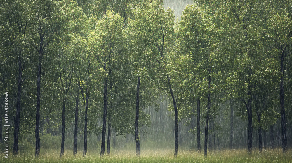 Fototapeta premium misty forest scene during heavy rain, showcasing lush green trees