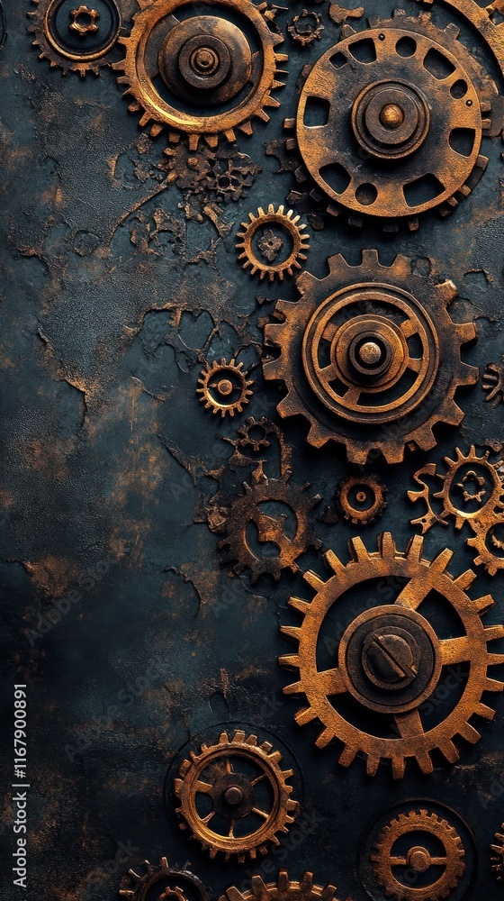 Fototapeta premium Intricate Machinery Cogs and Gears in Vintage Grunge Texture Close up of old worn metal machine parts and mechanisms in a distressed industrial background