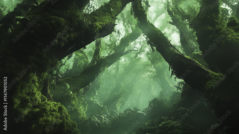 mystical forest scene with lush greenery and towering trees mystical forest scene with lush greenery and towering trees