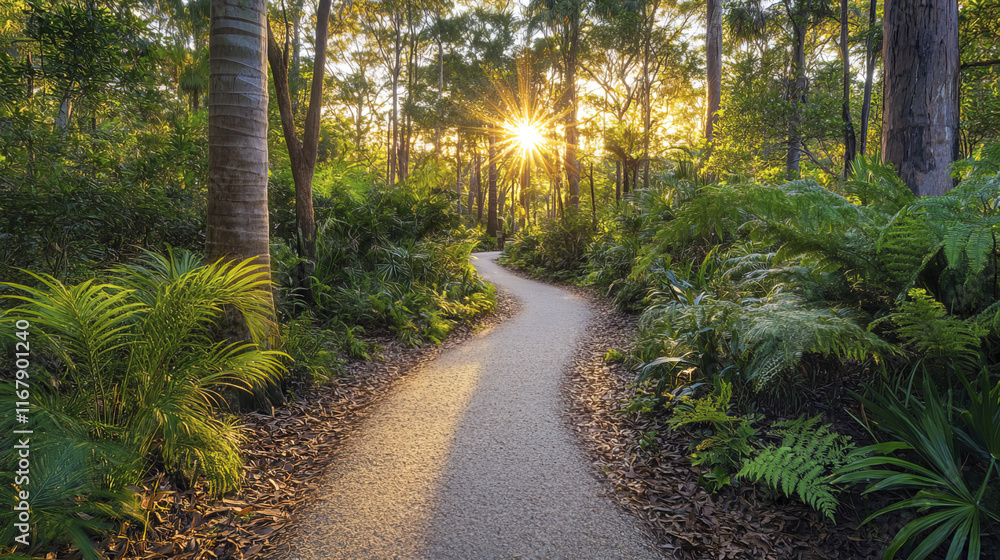 Obraz premium peaceful rainforest trail bathed in golden sunlight, surrounded by lush greenery
