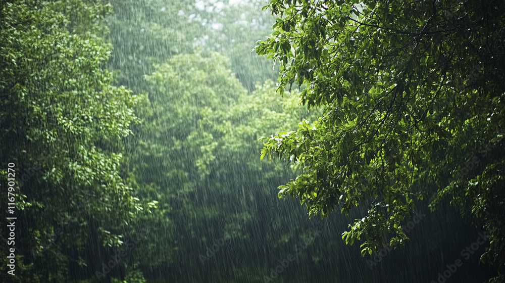 picturesque forest with gentle rain falling, creating serene atmosphere picturesque forest with gentle rain falling, creating serene atmosphere