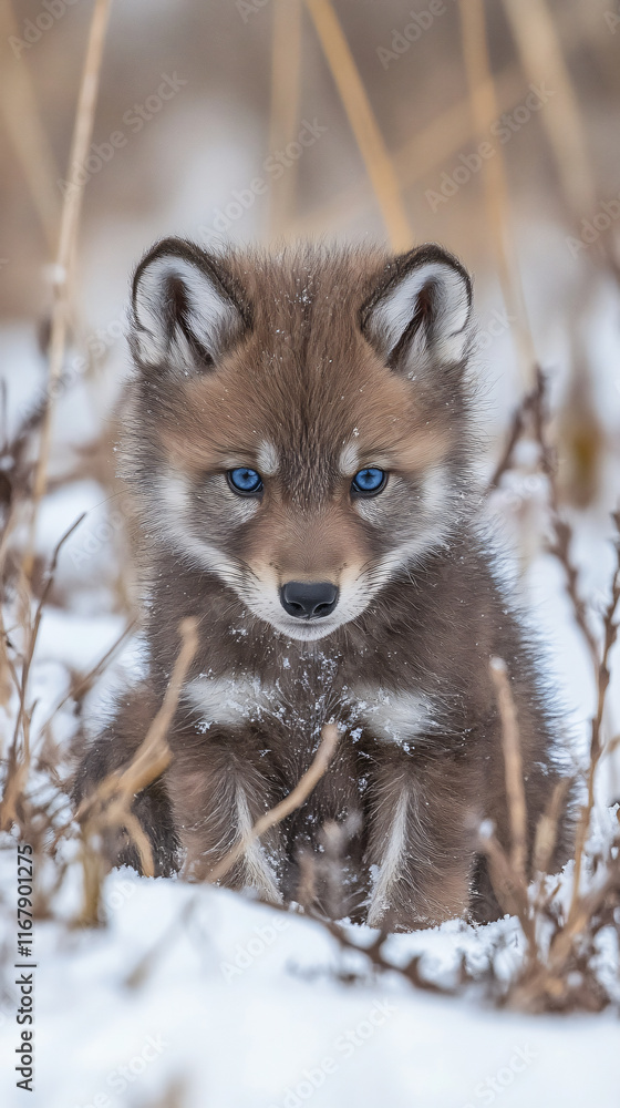 Obraz premium Macro close-up adorable wolf fox pups snowy landscapes expressive eyes soft fur natural winter forest woodland photography animal blue gaze look cute zoo wild instinct habitat baby silver fluffy