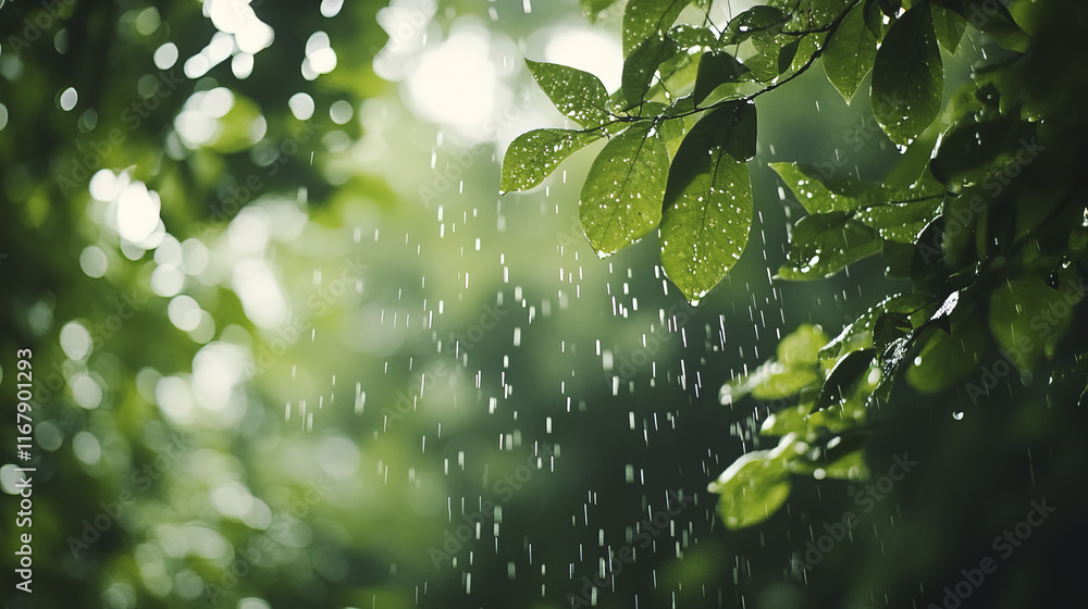 Gentle rain falling on lush green leaves creates serene atmosphere Gentle rain falling on lush green leaves creates serene atmosphere