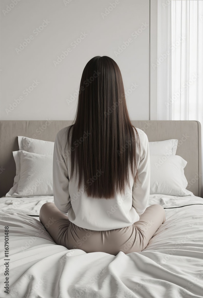 Person sitting on bed with long dark hair, back view