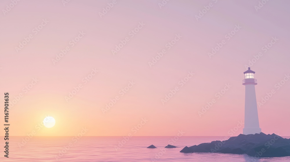 Majestic Lighthouse Overlooking Tranquil Sunrise Seaside. Majestic Lighthouse Overlooking Tranquil Sunrise Seaside.
