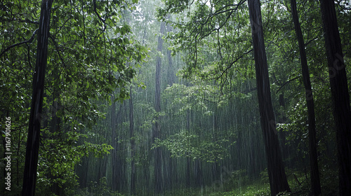 serene forest with abundant rainfall, showcasing lush greenery and tranquility