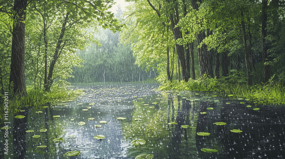 Fototapeta premium serene view of gentle rain falling on lush green forest lake