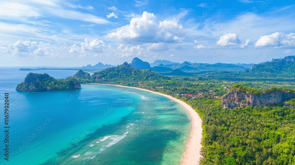Obraz premium Paradise Found: Aerial View of Tropical Haven with Pristine Beaches and Lush Jungle Canopy