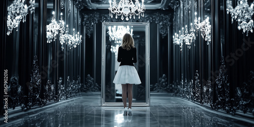 A European girl in a black short jacket, white skirt and white high-heeled shoes admires her reflection in the mirror