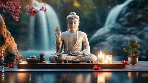 Serene Buddha Statue by a Waterfall with Zen Decor and Candles