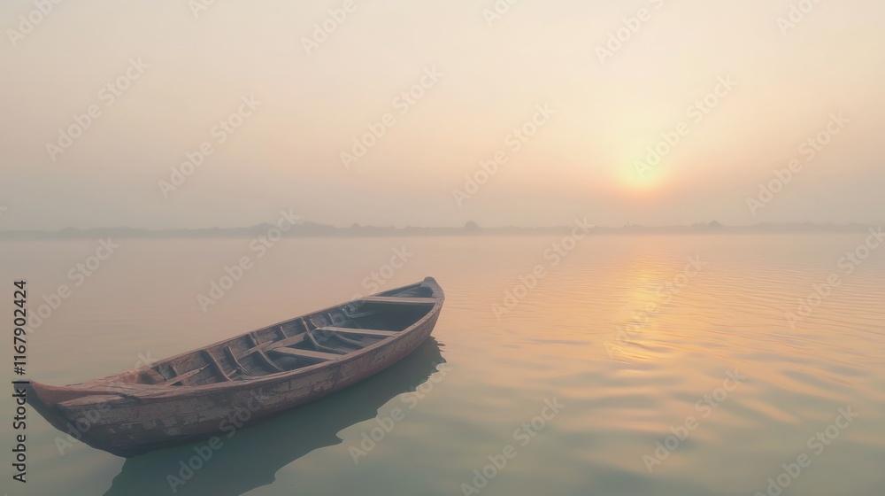 Serene Sunrise: Enchanting Foggy River with Wooden Boat Floating Peacefully - Ultra-Detailed Landscape Photography Serene Sunrise: Enchanting Foggy River with Wooden Boat Floating Peacefully - Ultra-Detailed Landscape Photography