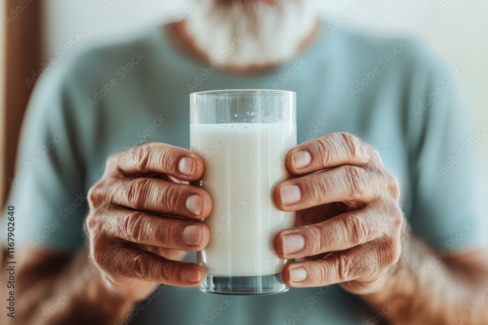 Older man enjoying a refreshing glass of milk in a cozy indoor setting during a relaxed afternoon Older man enjoying a refreshing glass of milk in a cozy indoor setting during a relaxed afternoon