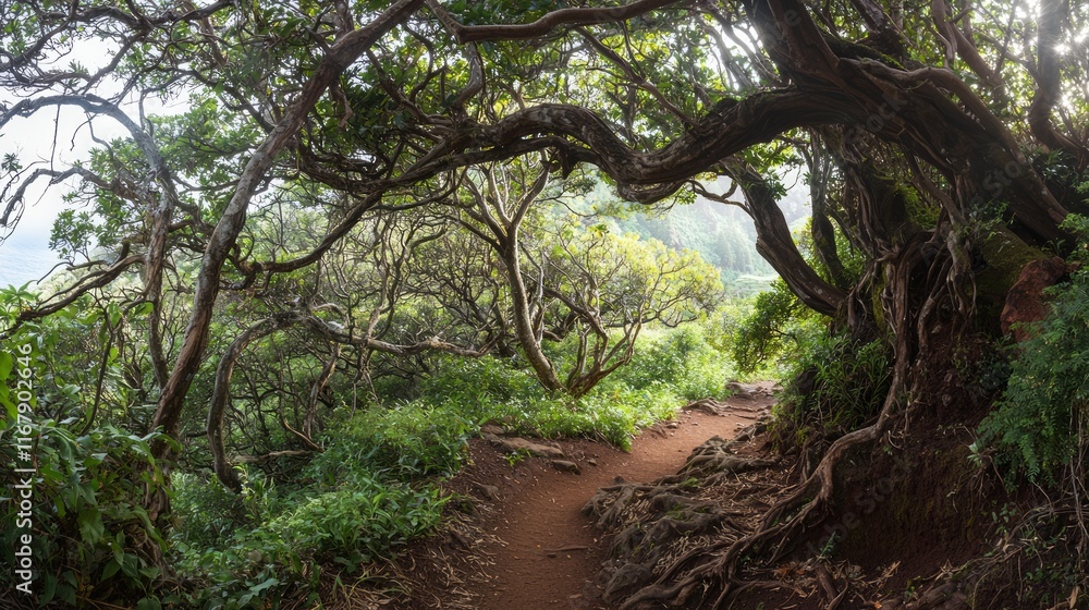 Obraz premium Serene Hiking Trail in Enchanted Forest with Sunlight Filtering Through Trees - Perfect Escape into Nature's Embrace