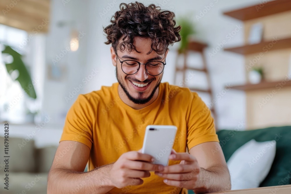 Young man enjoys interacting with friends through his smartphone while relaxing in a cozy indoor space filled with greenery and natural light Young man enjoys interacting with friends through his smartphone while relaxing in a cozy indoor space filled with greenery and natural light