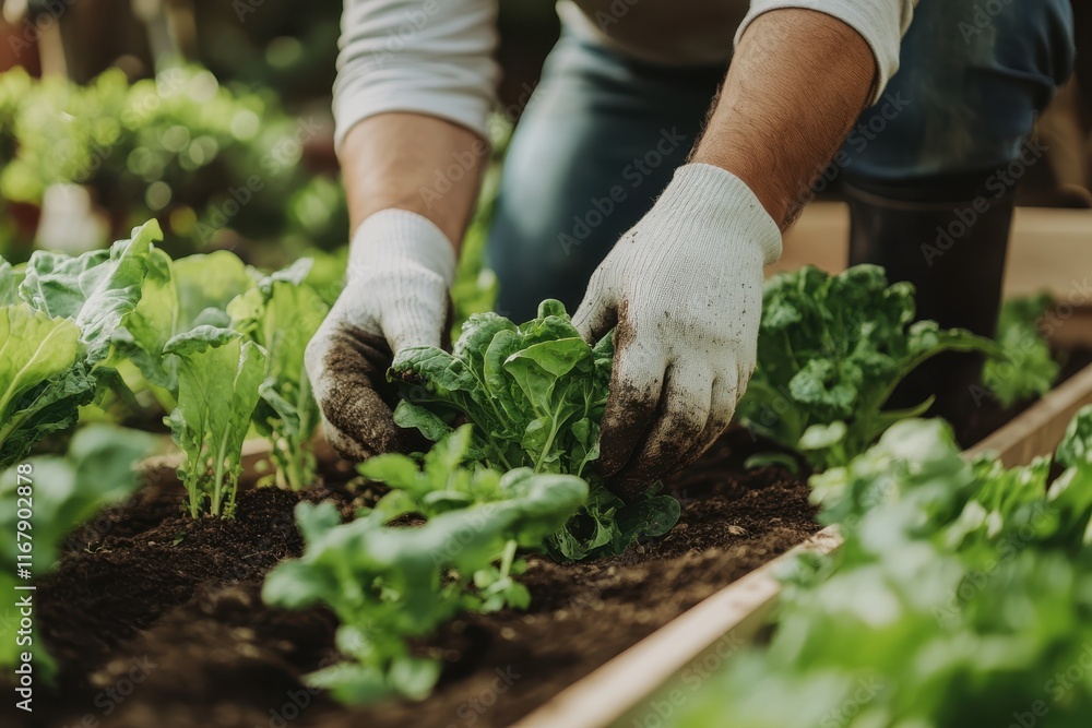 Fototapeta premium Gardeners nurture fresh greens in a cozy urban garden under the warm afternoon sun