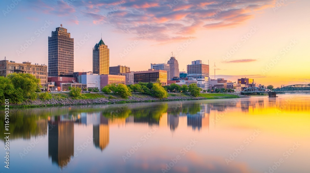 Golden Hour Glow: Vibrant City Skyline Mirrored in Tranquil River Golden Hour Glow: Vibrant City Skyline Mirrored in Tranquil River