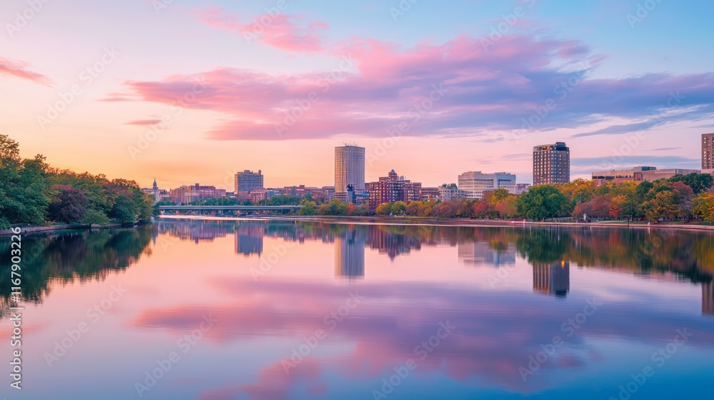 Naklejka premium Serene Cityscape: Vibrant Skyline Reflections in Calm River at Golden Hour.