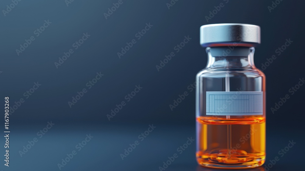 Brightly Lit Glass Vial with Transparent Liquid on Dark Background Brightly Lit Glass Vial with Transparent Liquid on Dark Background