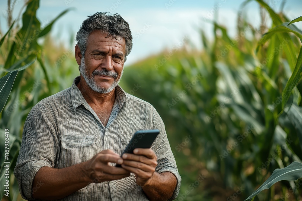 Fototapeta premium Farmer engaged with mobile technology while surveying cornfield in summer light