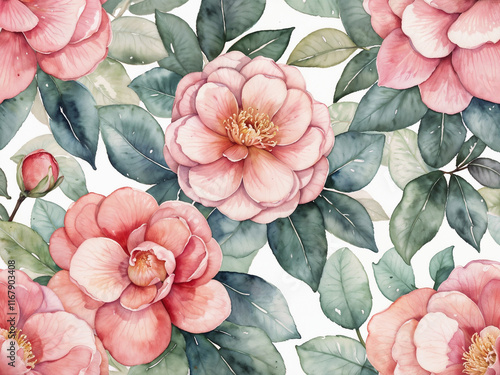 Wallpaper Mural Abstract Watercolor Ornate camellia flower pattern Hand drawn bouquet ornament background illustration Torontodigital.ca